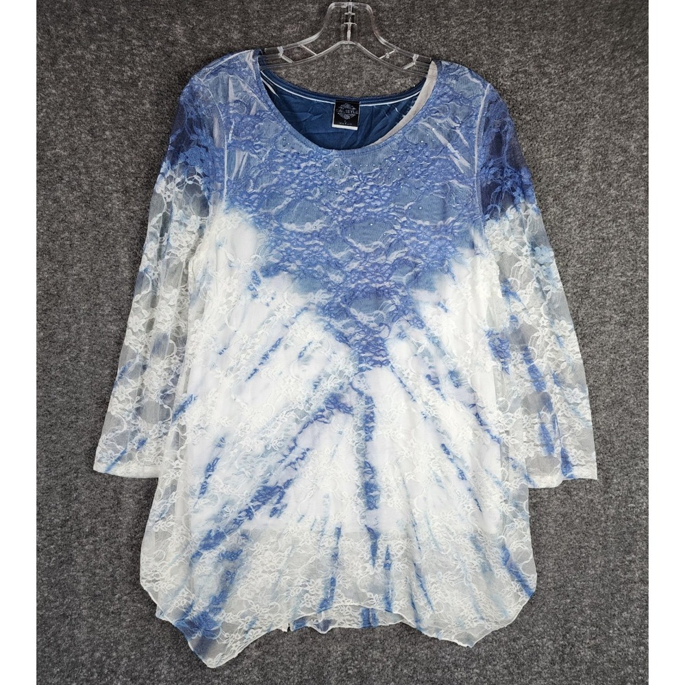 Calstyle Tunic Womens L Tie Dye Blue White Lace Rhinestone Handkerchief EUC